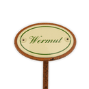 Emailschild oval, 6 x 4 cm, Kräuternamen mit Erdspieß 25 cm