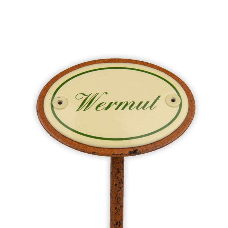 Oval enamel sign, 6 x 4 cm, herb names with ground spike 25 cm