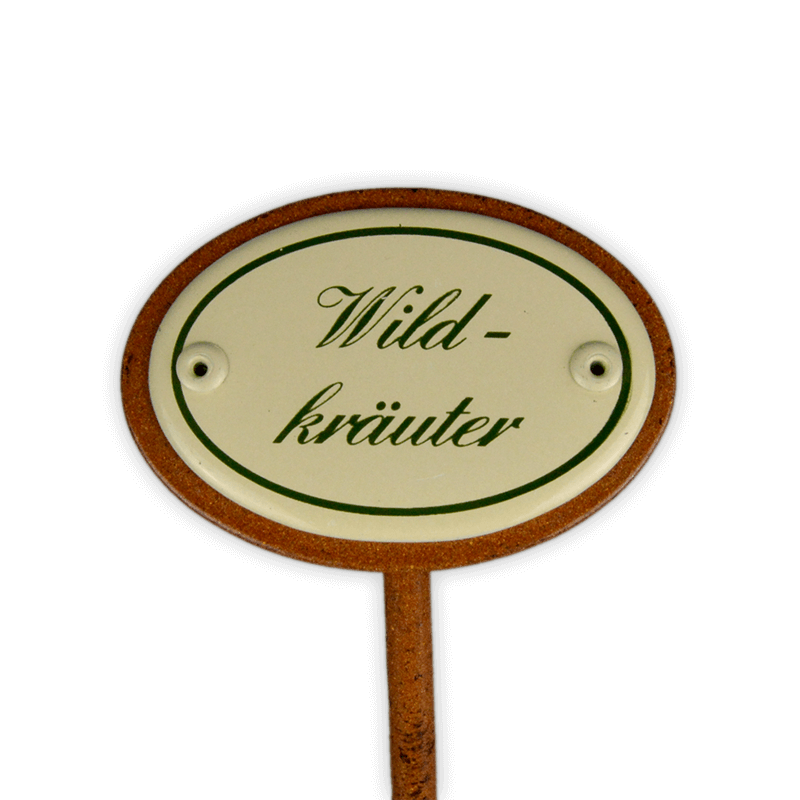 Oval enamel sign, 6 x 4 cm, herb names with ground spike 25 cm