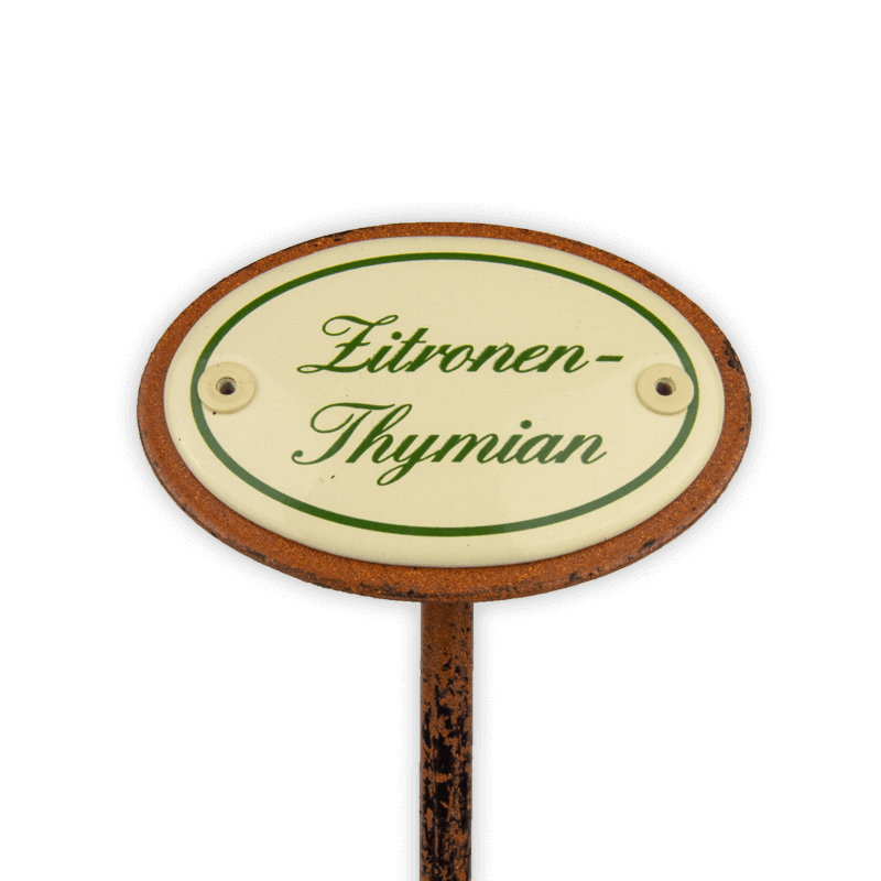 Oval enamel sign, 6 x 4 cm, herb names with ground spike 25 cm