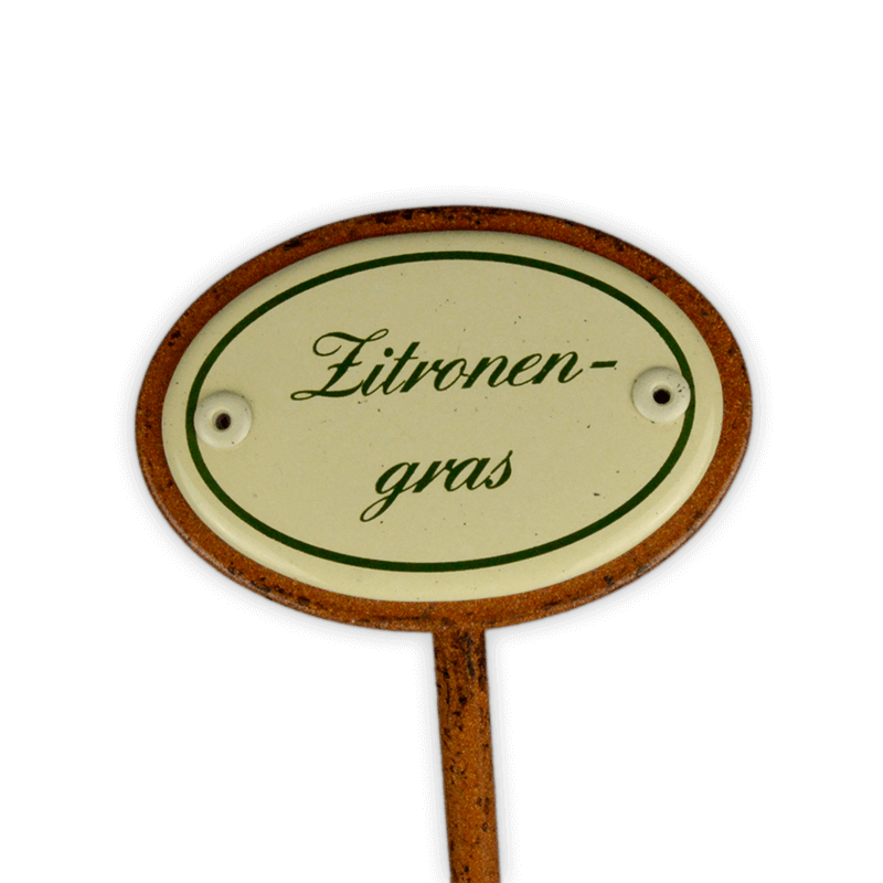 Oval enamel sign, 6 x 4 cm, herb names with ground spike 25 cm