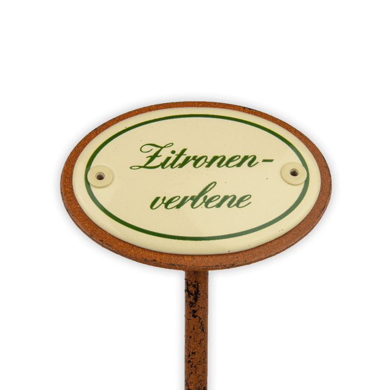 Oval enamel sign, 6 x 4 cm, herb names with ground spike 25 cm